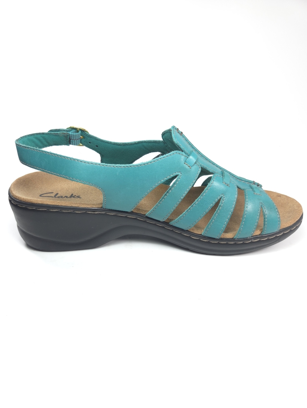Clarks Lexi Marigold Teal Leather Strappy Wedge Sandals W 11 - Picture 3 of 14
